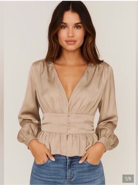 Jason Wu Taupe Satin Deep V Peplum Blouse